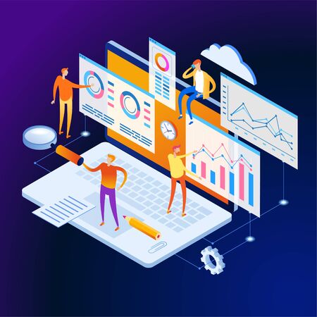 Ð team of people build a chart and graphs. Concept of the idea of marketing digital strategy. Data analysis. Page template. 3d isometric illustrationのイラスト素材