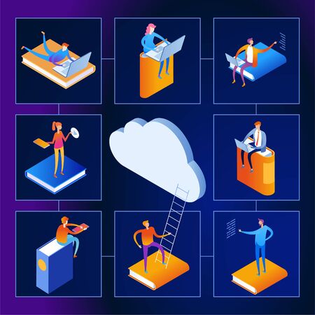 Web library. Technology and literature. Digital ibrary web banner. People interact with digital books. Isometric images. 3d vector illustration.のイラスト素材