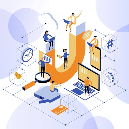 Customer strategy, customer support and service 3d isometric vector illustration. Banner with icons.のイラスト素材