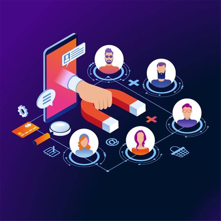 Customer retention, customer support and service 3d isometric vector illustration. Banner with icons.のイラスト素材