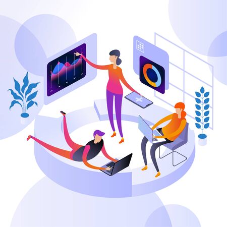 People interacting with graphs and papers. Workflow and business management. 3D vector isometric illustration.のイラスト素材