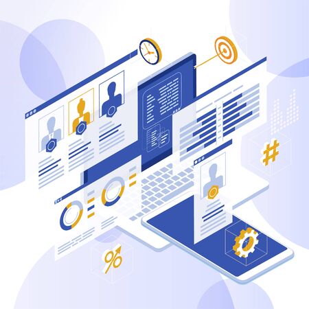 Content marketing strategy web banner. Marketing and sharing of digital content. Technology process of Software developmentのイラスト素材