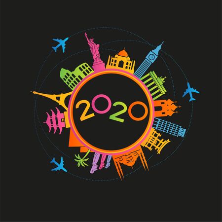 2020 travel and tourism background. Colorful template with icons and tourism landmarks. Creative happy new year 2020 design. New Year background.のイラスト素材