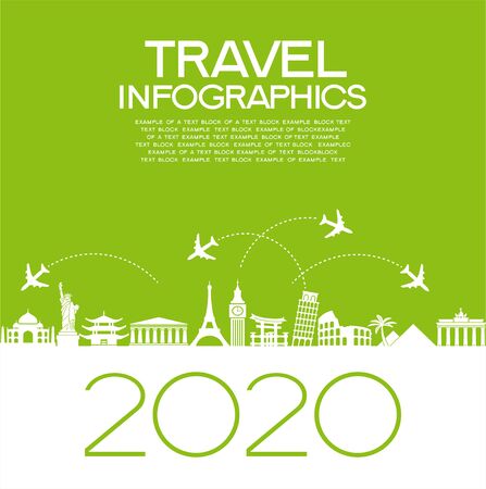 2020 travel and tourism background. Colorful template with icons and tourism landmarks.のイラスト素材
