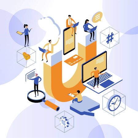 Customer strategy, customer support and service 3d isometric vector illustration. Banner with icons.のイラスト素材