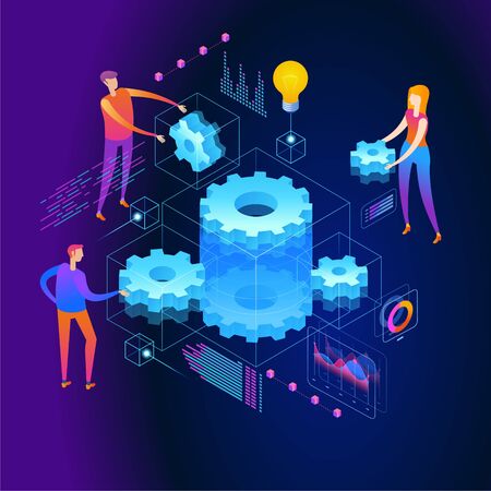 Page template of teamwork. Modern 3d isometric vector illustration of web page.  Design concept.のイラスト素材