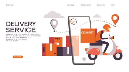 Fast delivery by bike via mobile phone. Ecommerce concept. Online shopping. Online delivery service concept. Online order tracking. City logistics. Vector illustrationのイラスト素材