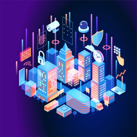 Security control concept. Secure infographic. Concept with technology system. 3d isometric vector illustration.のイラスト素材