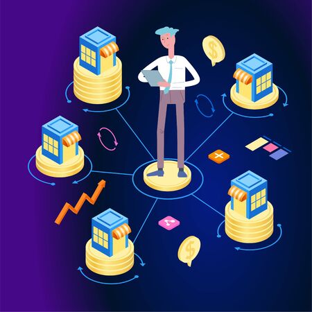 Development of a chain of stores. Franchising and branch network. Franchise business marketing. Page template. 3d isometric illustrationのイラスト素材