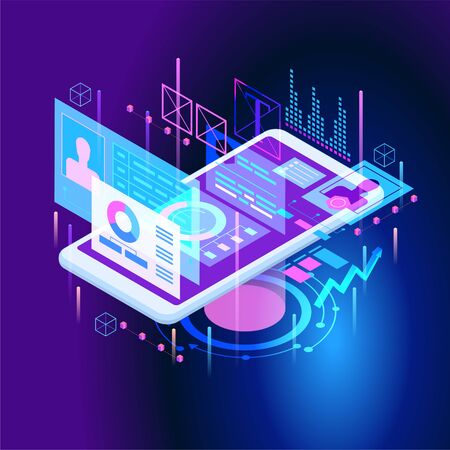 Adaptive interface design. Developers use software on multiple devices. Cross-platform software. 3d isometric vector illustration.のイラスト素材