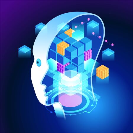 Neural network. Deep learning. Artificial intelligence concept. Robot face and building abstract backgroundのイラスト素材