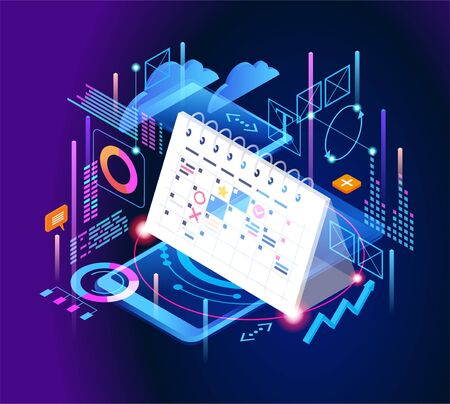 Concept or planner. Management and presentations. Calendar surrounded by business icons, charts, table. Web banner. Flat isometric vector illustration.のイラスト素材