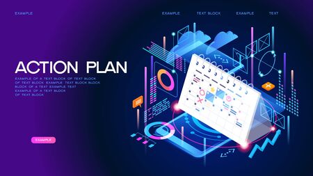 Concept or planner. Management and presentations. Calendar surrounded by business icons, charts, table. Web banner. Flat isometric vector illustration.のイラスト素材