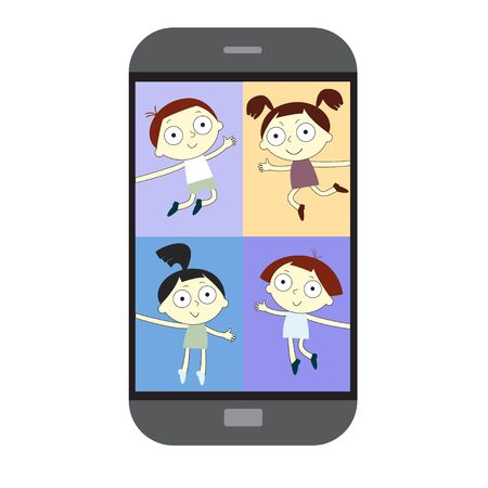 Chat with CHILD online. Collective virtual meeting and group video conferencing. Remote work conceptのイラスト素材
