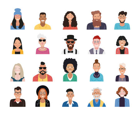 Bright person portrait. Avatars set. Hand drawn flat style. Illustration of male and female faces and shoulders. Vector people icons.のイラスト素材