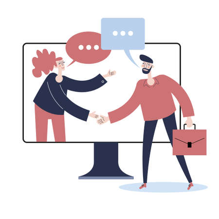 Flat style. Contract. Team and hand shake over network .. Social News. Internet chat. Man with speech bubbles, thought puzzles. Business deal. Man and woman communicateのイラスト素材