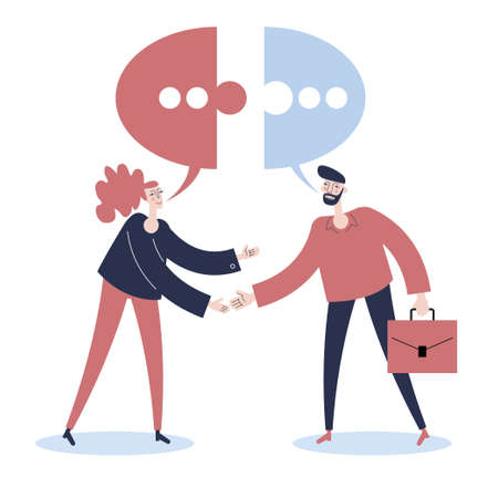 Contract. Team and hand shake over network. Flat style. Man with speech bubbles, thought puzzles. Business deal.のイラスト素材