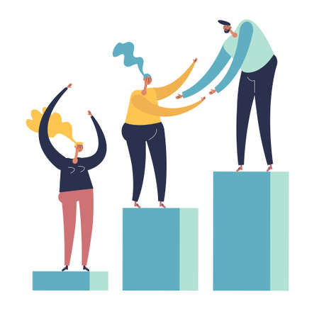 Cooperation concept. People giving support and help each other. Business team working together for success and growing. Flat style.のイラスト素材