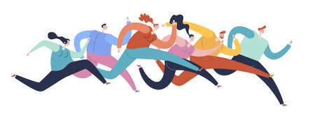 Marathon Race. Outdoor Activities Concept. Sportsmen and Sportswomen Run Marathon. Group of People Running Marathon Distance in Raw. Jogging Competition. Cartoon Flat Vector Illustrationのイラスト素材