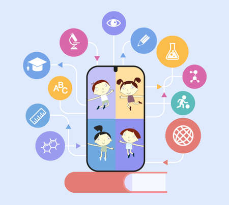 Cartoon kids on a smartphon monitor surrounded by education icons. E-learning for children. Online child education courses. Home schooling. Distance Learning Concept. Flat design illustration.のイラスト素材