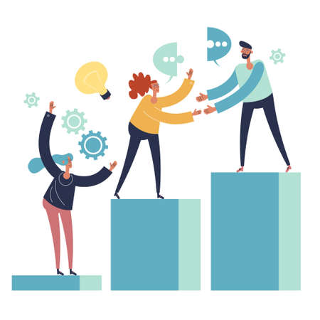 Cooperation concept. People giving support and help each other. Business team working together for success and growing. Flat style.のイラスト素材