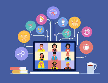 Cartoon student on a laptop monitor surrounded by education icons. E-learning for people. Online men education courses. Home schooling. Distance Learning Concept. Flat design illustration.のイラスト素材