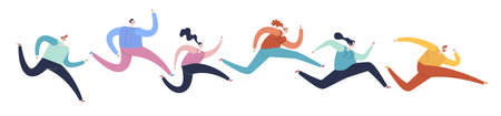 Marathon Race. Outdoor Activities Concept. Sportsmen and Sportswomen Run Marathon. Group of People Running Marathon Distance in Raw. Jogging Competition. Cartoon Flat Vector Illustrationのイラスト素材