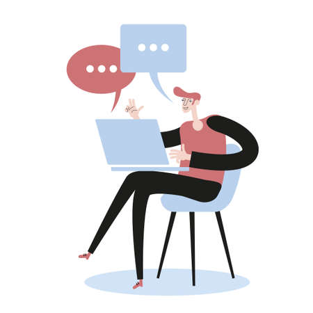 remote work at home. Freelance man working on laptop at house. Cartoon Flat Vector Illustration.のイラスト素材
