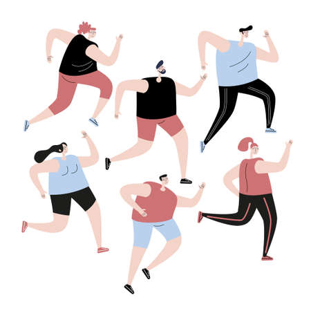 Marathon Race. Outdoor Activities Concept. Sportsmen and Sportswomen Run Marathon. Group of People Running Marathon Distance in Raw. Jogging Competition. Cartoon Flat Vector Illustrationのイラスト素材