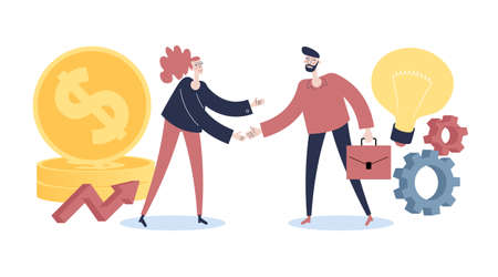 Investor and businessman agree on cooperation. woman and man business handshake. Business porters a successful team. financing of creative projects. Flat design illustration.のイラスト素材