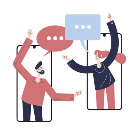 Flat style. people communicate online using a smartphone. Social News. Internet chat. Man with speech bubbles. Business deal.のイラスト素材