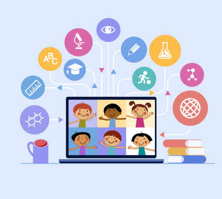 Cartoon kids on a laptop monitor surrounded by education icons. E-learning for children. Online child education courses. Home schooling. Distance Learning Concept. Flat design illustration.のイラスト素材