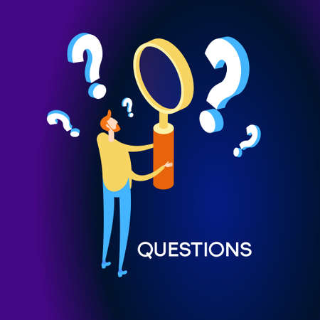 A man holds a magnifying glass and looks through the questions. Frequently asked questions concept. Query concept. Investigation and information retrieval. Flat isometric vector illustration.のイラスト素材