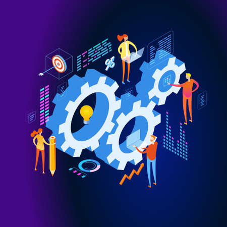 Organization and management of the workflow. Design and automation of work processes. Increase the productivity of your office. Banner template. Flat isometric vector illustration.のイラスト素材