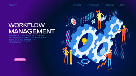 Organization and management of the workflow. Design and automation of work processes. Increase the productivity of your office. Banner template. Flat isometric vector illustration.のイラスト素材