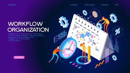 Organization and management of the workflow. Design and automation of work processes. Increase the productivity of your office. Banner template. Flat isometric vector illustration.のイラスト素材