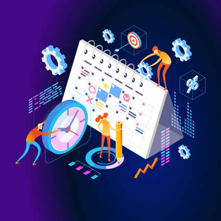 Organization and management of the workflow. Design and automation of work processes. Increase the productivity of your office. Banner template. Flat isometric vector illustration.のイラスト素材
