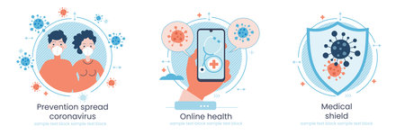 Corona virus infographic template. Prevention spread coronavirus. Online health. Medicalshield. Medical mask. Graphic elements set. Vector illustration in flat style.のイラスト素材