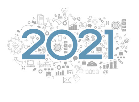 2021 text design on creative business success strategy. Concept modern template layoutÑ 2019 text surrounded by doodle iconsのイラスト素材