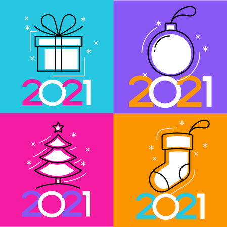 Vector 2021 Happy New Year background. Ð¡hristmas card. Holiday gift card, Festive poster, web banner, header for website. Winter season with traditional elements. Flat vector illustration.のイラスト素材