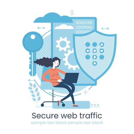 Secure data transmission concept. Access right. Safe file sharing. Protected web traffic. VPN. Analytical traffic assessment. Sharing documents. Graphic elements set. Vector illustration in flat style.のイラスト素材