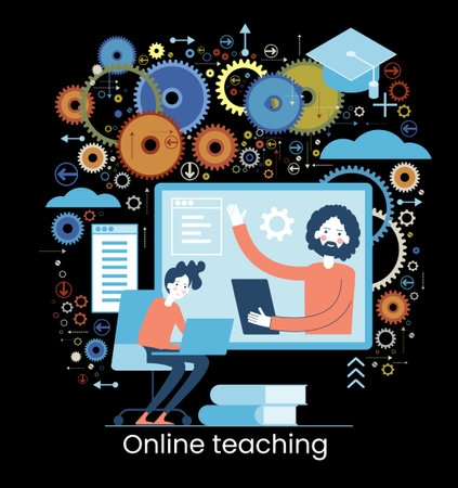 Online learning concept. Internet classes. Online learning metaphors. Educational webinar. Online teacher. Webinar. Digital class. Graphic elements set. Vector illustration in flat style.のイラスト素材