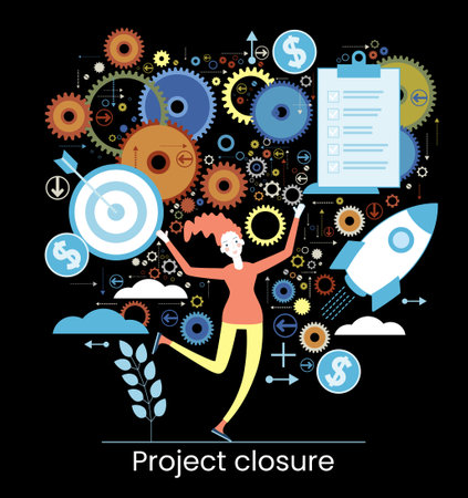 Project life cycle concept. Business analysis. Initiating and closing a project. Terms of implementation of projects. Drawing up documentation. Abstract metaphor. Graphic elements set. Vector illustration in flat style.のイラスト素材