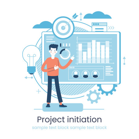 Project life cycle concept. Business analysis. Initiating and closing a project. Terms of implementation of projects. Drawing up documentation. Abstract metaphor. Graphic elements set. Vector illustration in flat style.のイラスト素材