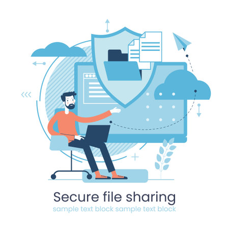 Secure data transmission concept. Access right. Safe file sharing. Protected web traffic. VPN. Analytical traffic assessment. Sharing documents. Graphic elements set. Vector illustration in flat style.のイラスト素材