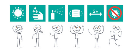 Coronavirus prevention line icons set. Design elements, mask, distance, washing, gloves, hand disinfection. Covid 19 banner. Vector illustration in flat style.のイラスト素材