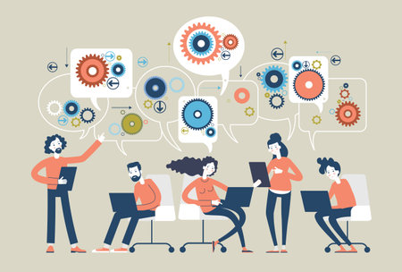 People with gears and speech bubbles. Teamwork of people in the business worldのイラスト素材