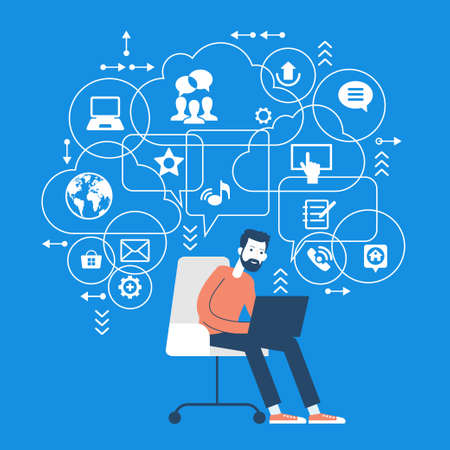 Vector background. Social media concept. Ð¡ommunication in the global computer networks. Set of flat design concept icons for web and mobile services. Human and symbols.のイラスト素材