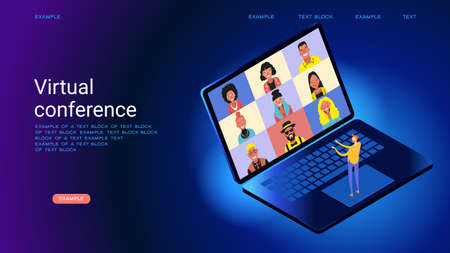 Chat with friends online. Collective virtual meeting and group video conferencing. Online WEBINAR, training. Virtual debate. Isometric picture with small figures of people.のイラスト素材