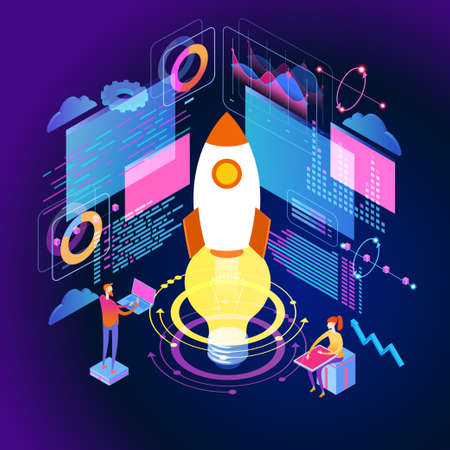 The work of a person to achieve a goal. Startup concept. New product on the market. Isometric vector illustration. Isometric 3D vector illustration.のイラスト素材